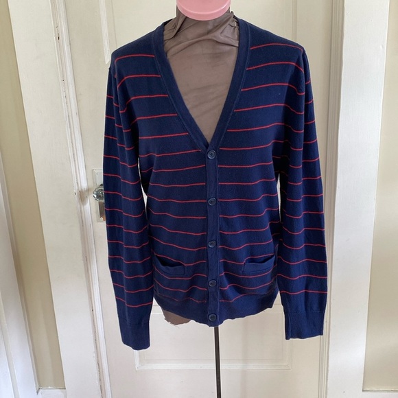Gap 100% Cotton Navy Striped Cardigan‎ Sweater Medium - Picture 1 of 5